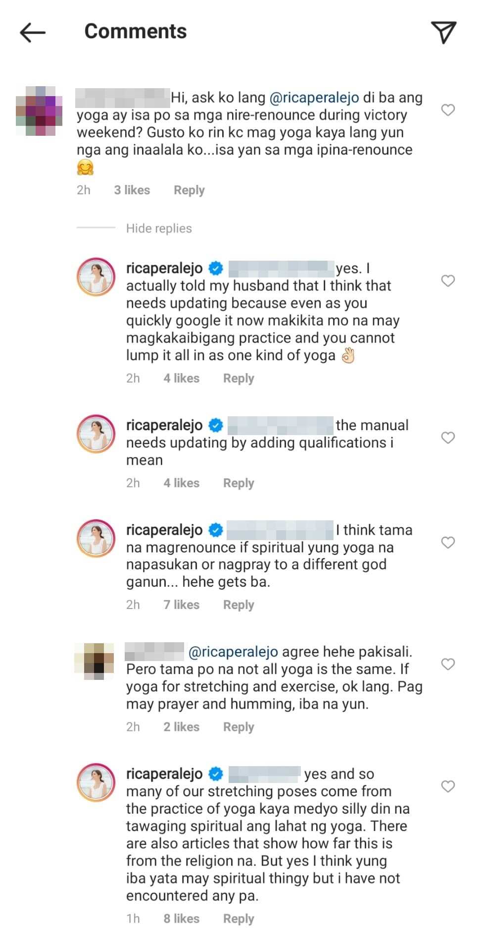 Rica Peralejo answers netizen asking how she is able to do yoga amid renunciation