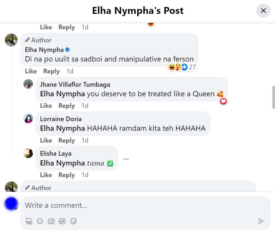 Elha Nympha, panibagong cryptic comment, pinagpipiyestahan ng netizens: "Di na po uulit sa sadboi"