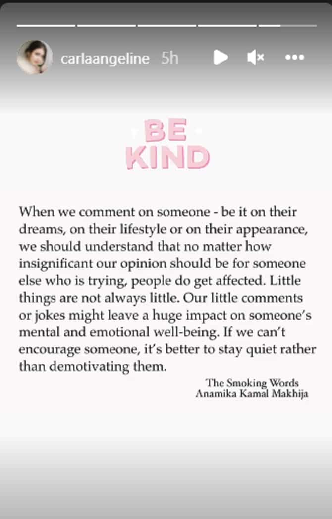 Carla Abella posts about how one's comment affects people: "be kind"
