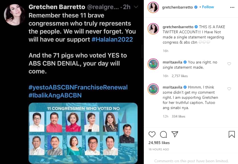 Rita Avila's frank comment on Gretchen Barretto's post about ABS-CBN goes viral