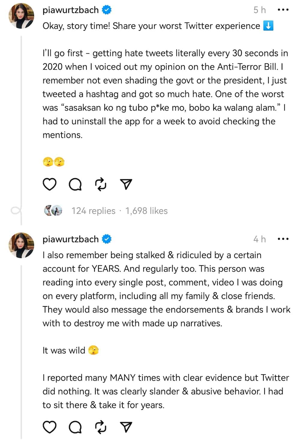 Pia Wurtzbach, shinare worst experience sa isang socmed platform: “Got so much hate… Stalked and ridiculed” Pia Wurtzbach, shinare worst experience sa isang socmed platform: “Got so much hate… Stalked and ridiculed”