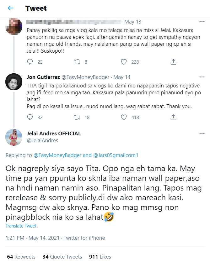 Jelai Andres at Jon Gutierrez nagsagutan muli sa social media