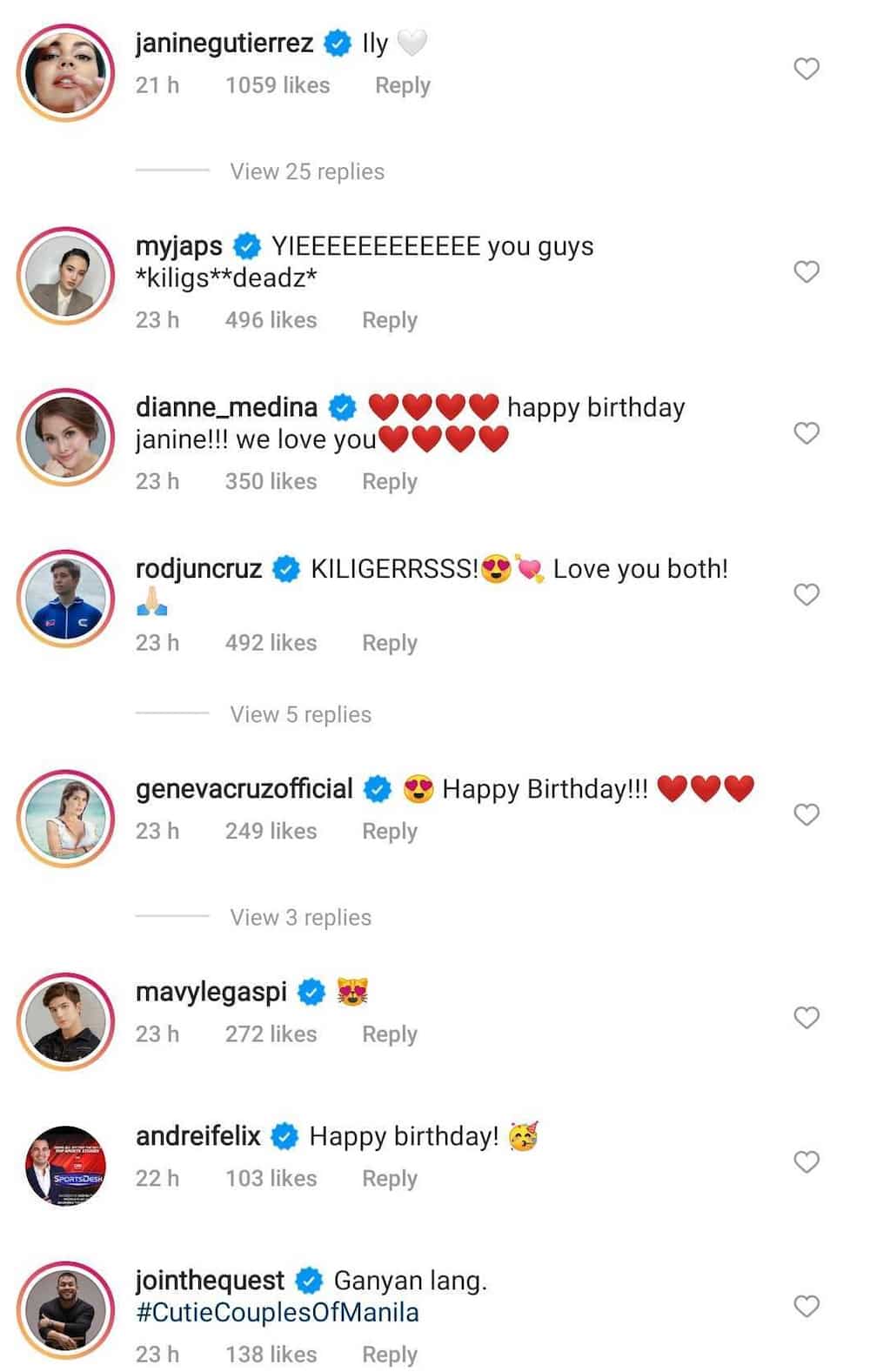 Celebrities get 'kilig' over Rayver Cruz's sweet birthday greeting for Janine Gutierrez