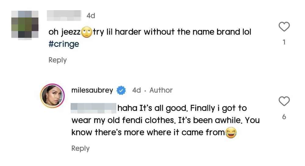 Aubrey Miles calmly responds to netizen who called out her 'Fendi' outfit: "It's all good"