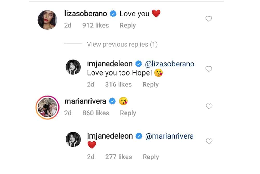 Marian Rivera & Liza Soberano react to Jane de Leon’s post about former Darnas