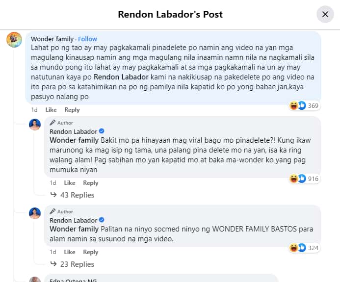 Rendon Labador, pinakiusapan ng Wonder Family na burahin ang video niya