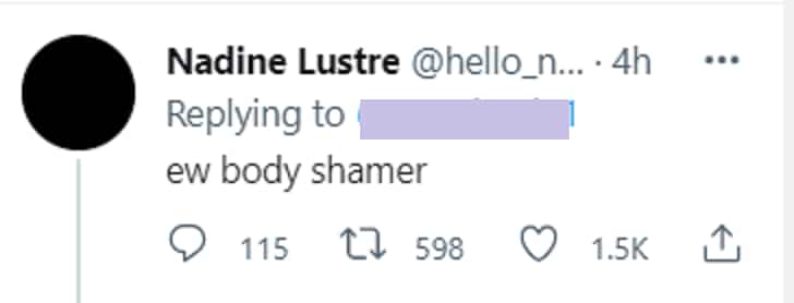 Nadine Lustre reacts to netizen's rude comment about her body: "ew body shamer"