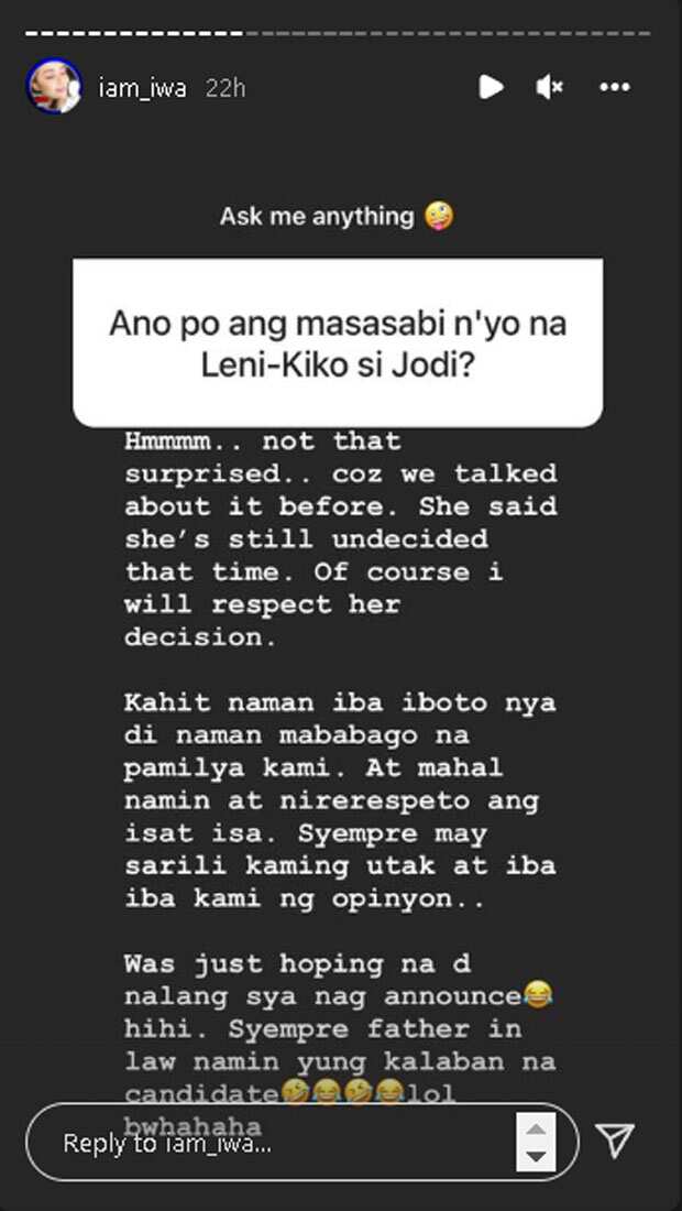 Iwa Moto, hindi nasorpresa at Leni-Kiko si Jodi Sta. Maria: "Was hoping di na lang nag-announce"