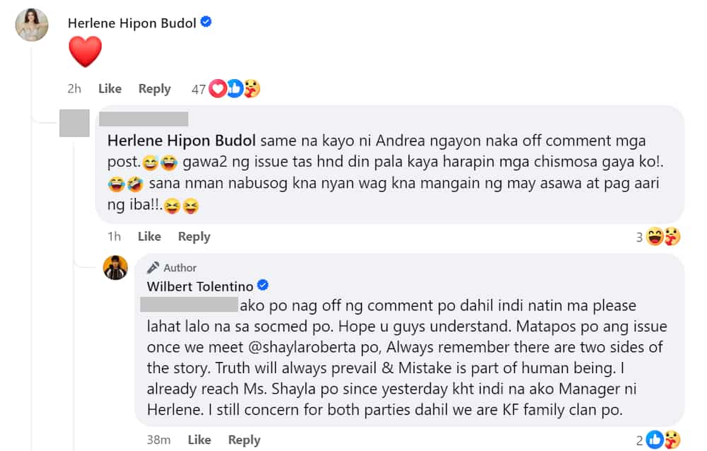 Wilbert Tolentino, nilinaw sa isang netizen na siya nag-off ng comments sa FB ni Herlene Budol