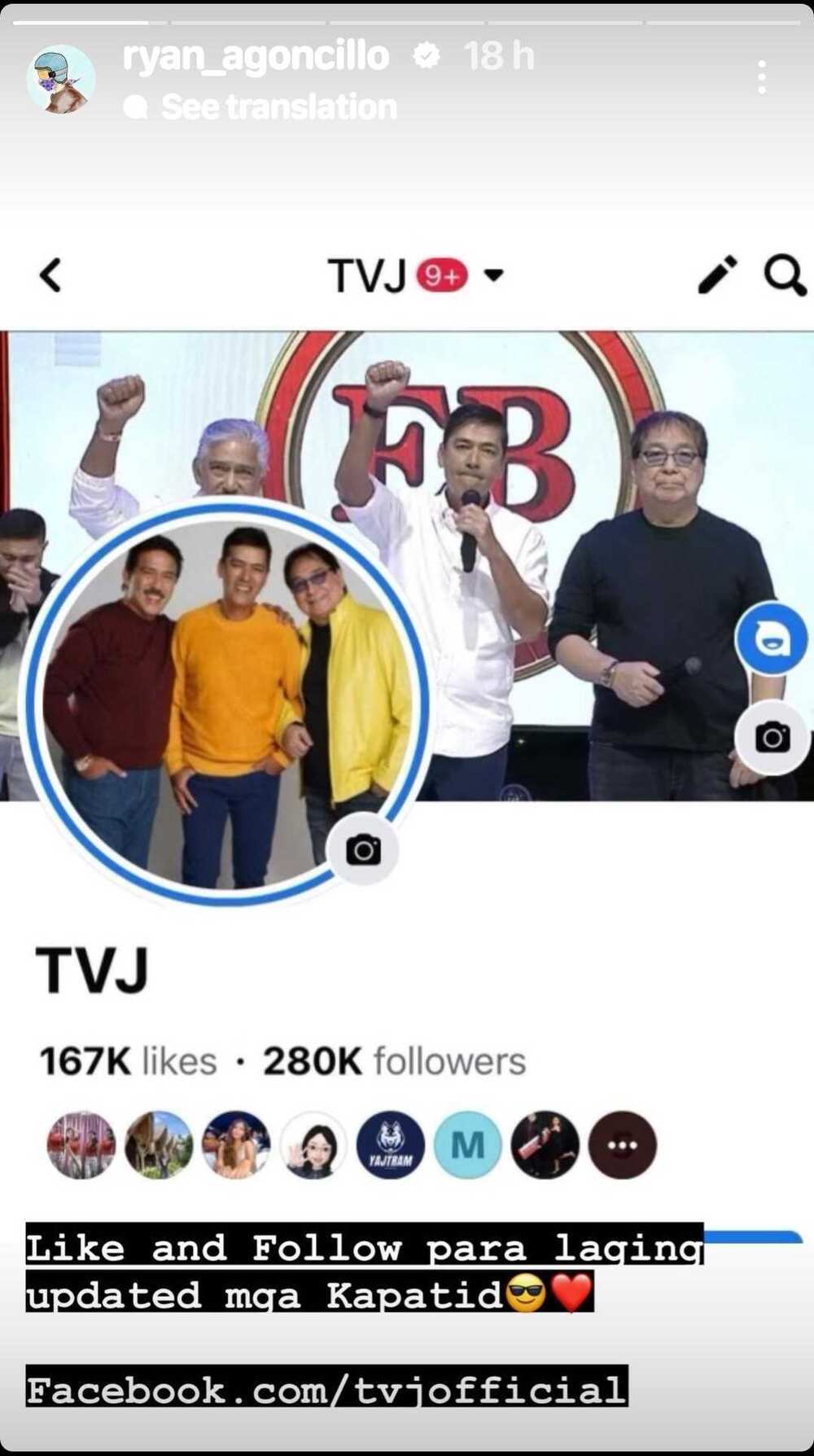 Ryan Agoncillo promotes TVJ’s page: “para laging updated mga Kapatid”