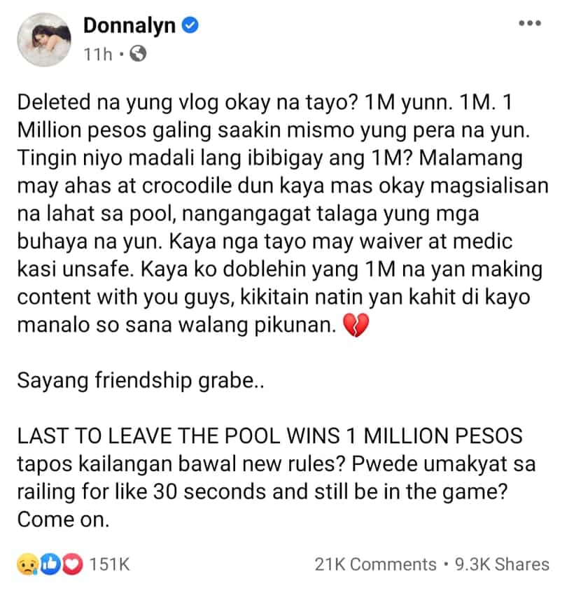 Donnalyn Bartolome on controversial "last to leave pool wins 1M": "Sayang friendship grabe"