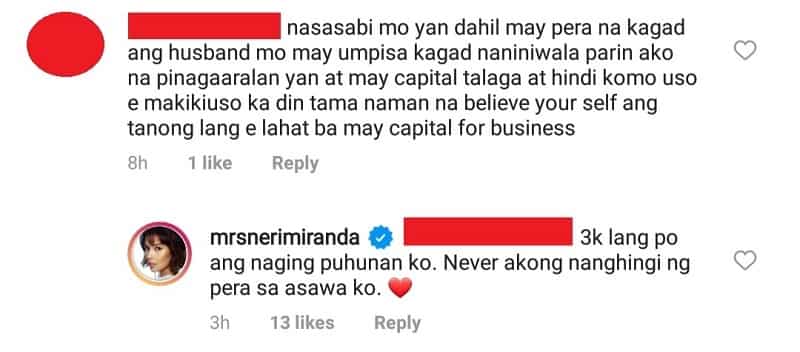 Neri Miranda denies claim that she got capital for business from her husband