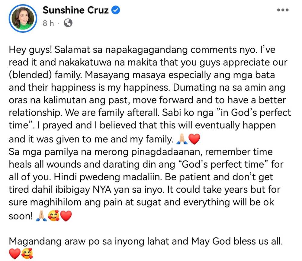 Sunshine Cruz pens heartfelt note about their blended family: "I prayed"