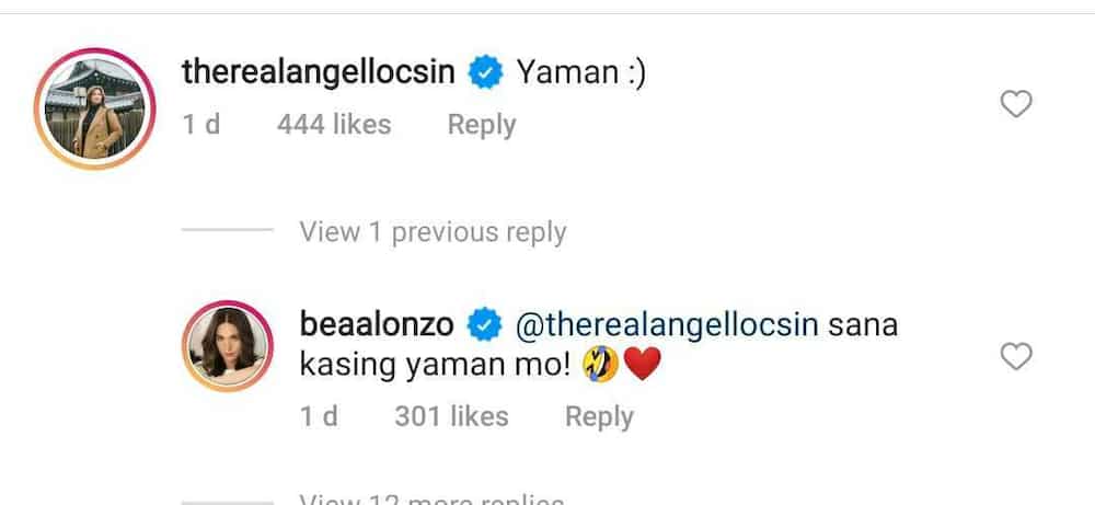 Bea Alonzo adorably reacts to Angel Locsin's comment in her post: "sana kasing yaman mo"