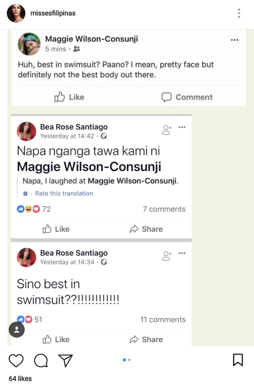 Boom basag! Pagbati nina Bea Rose Santiago at Maggie Wilson kay Catriona Gray, inalmahan ng netizens