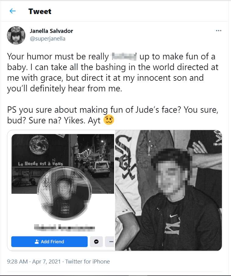 Janella Salvador lambasts basher who insulted her son's face