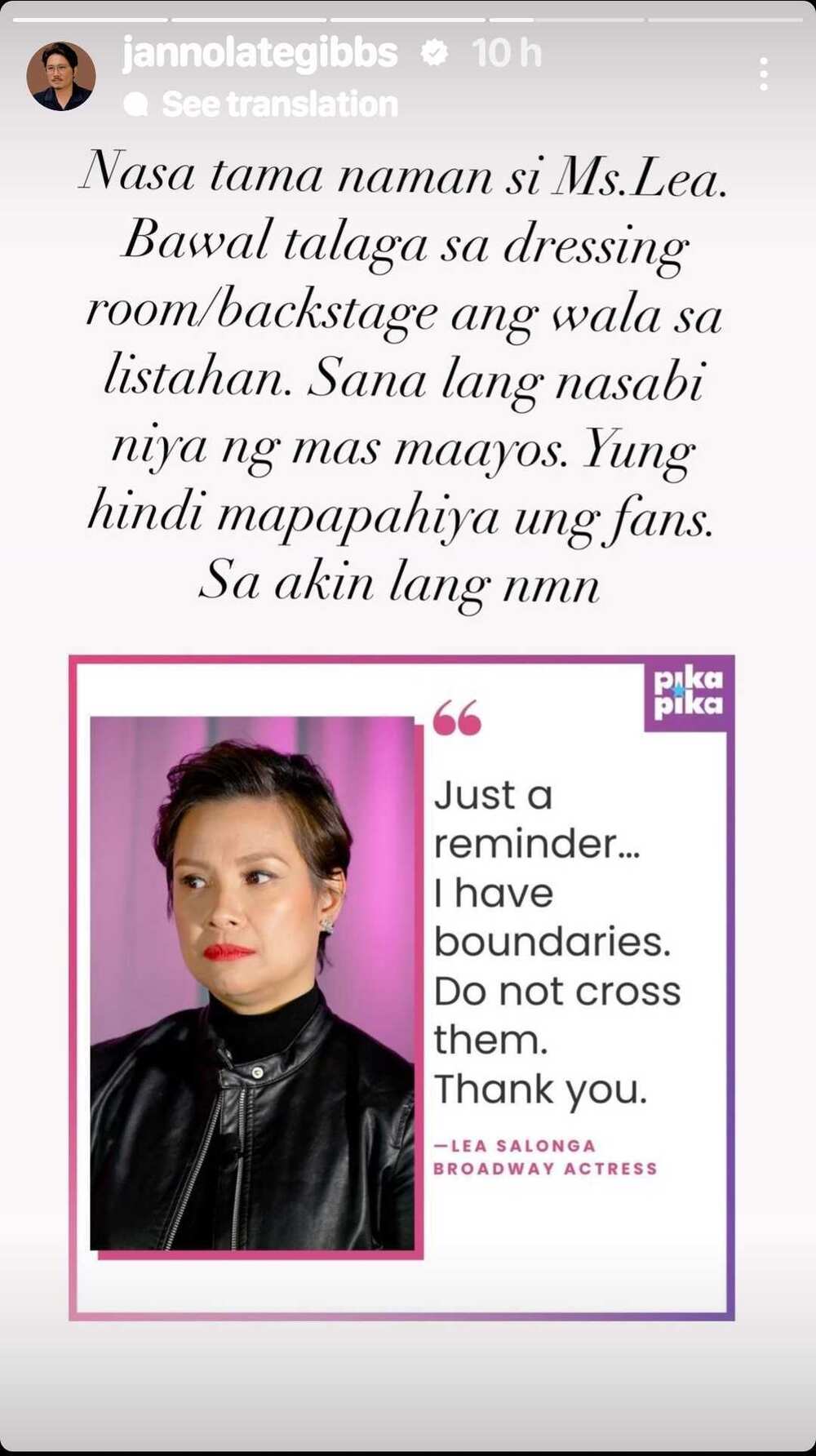 Janno Gibbs sa viral video ni Lea Salonga at fans sa dressing room: “Nasa tama naman si Ms. Lea” Janno Gibbs sa viral video ni Lea Salonga at fans sa dressing room: “Nasa tama naman si Ms. Lea”