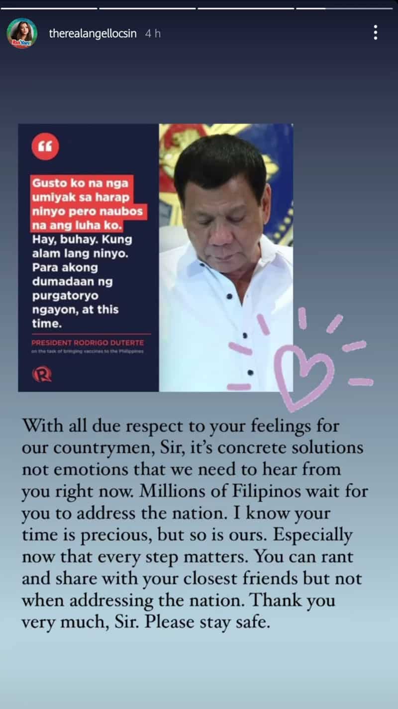 Angel Locsin, pinatamaan ang "gustong umiyak" na Pangulong Duterte: "Concrete solutions, not emotions"