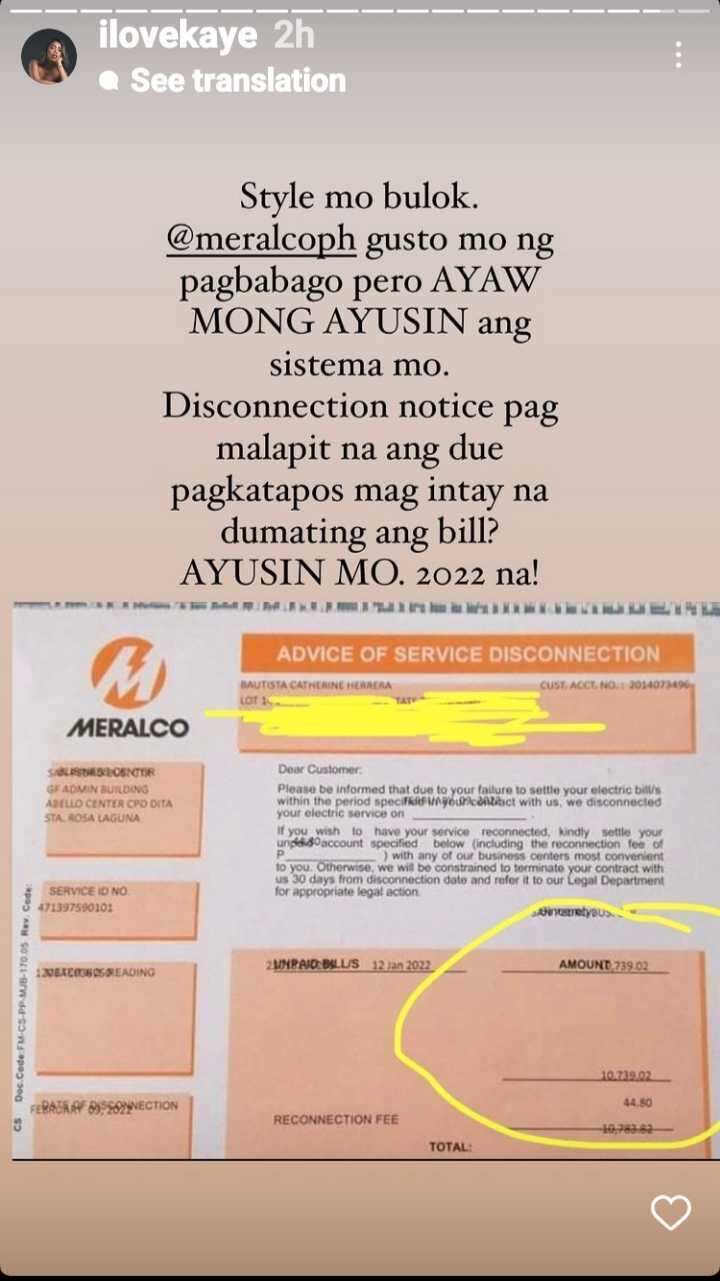 Kakai Bautista calls out Meralco after receiving disconnection notice: “Style mo bulok”