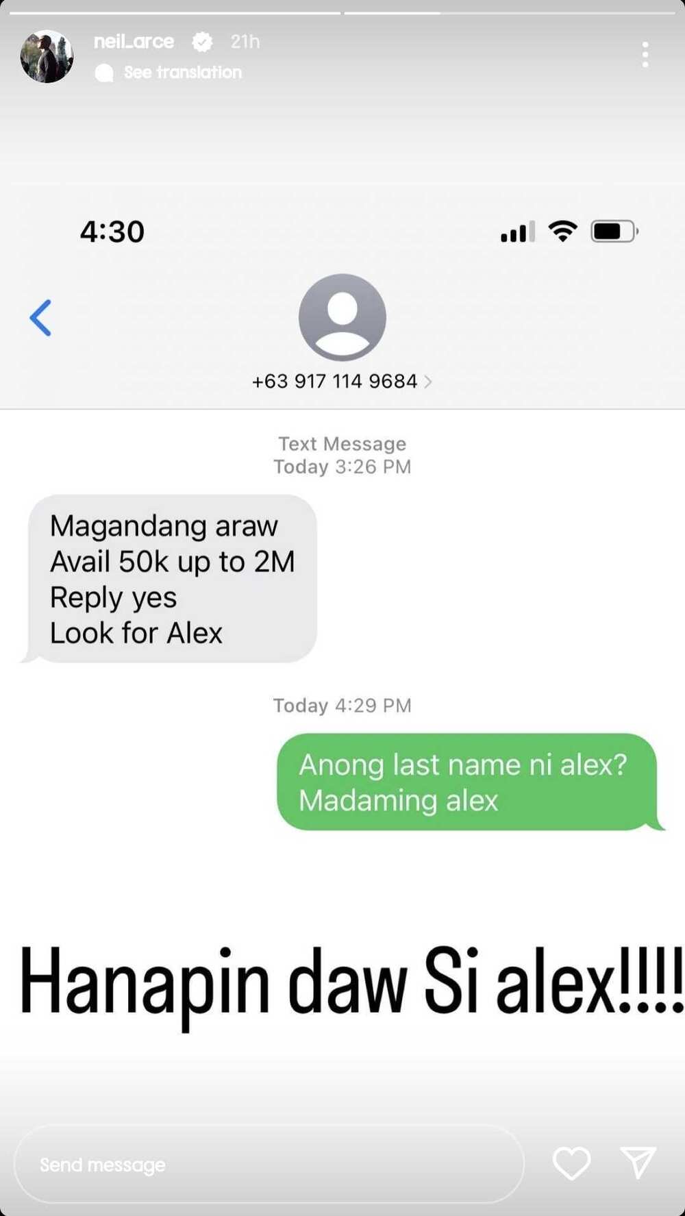 Neil Arce pokes fun at the text message he received: “Look for Alex”