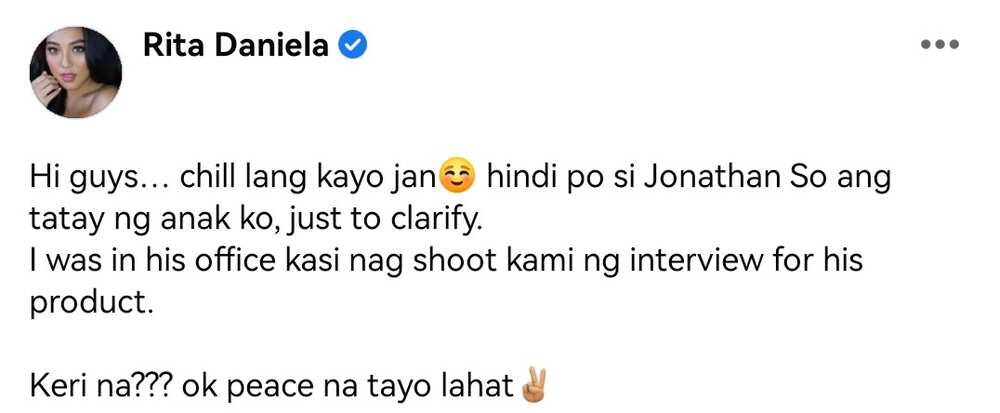 Rita Daniela, nilinaw na hindi si Jonathan So ng JC Premiere ang tatay ng anak niya