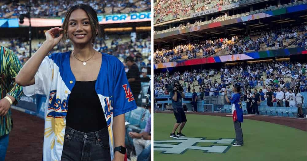 Ylona Garcia, kinanta ang Philippine National Anthem sa isang baseball match sa Los Angeles