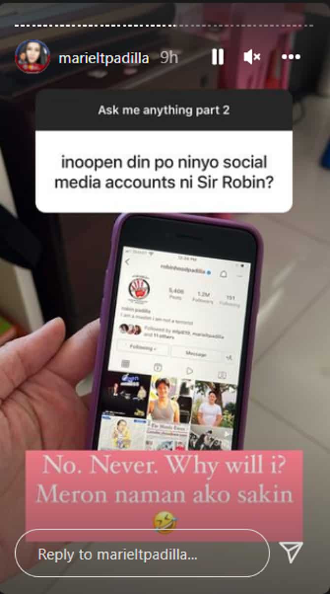 Mariel Padilla replies to netizen asking if she opens Robin Padilla's social media accounts: "No. Never"