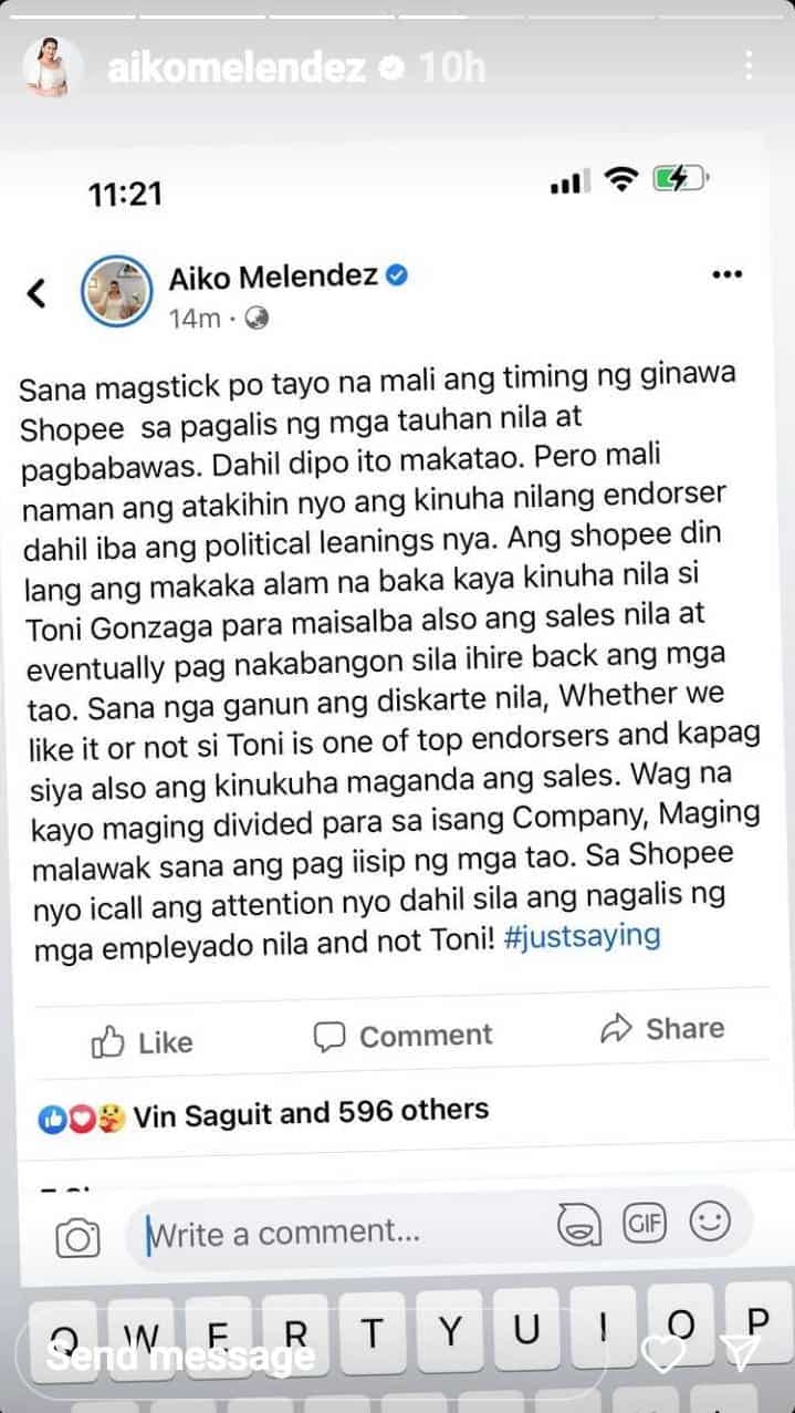Aiko Melendez defends Toni Gonzaga; urges public to stick to Shopee’s employee layoffs issue