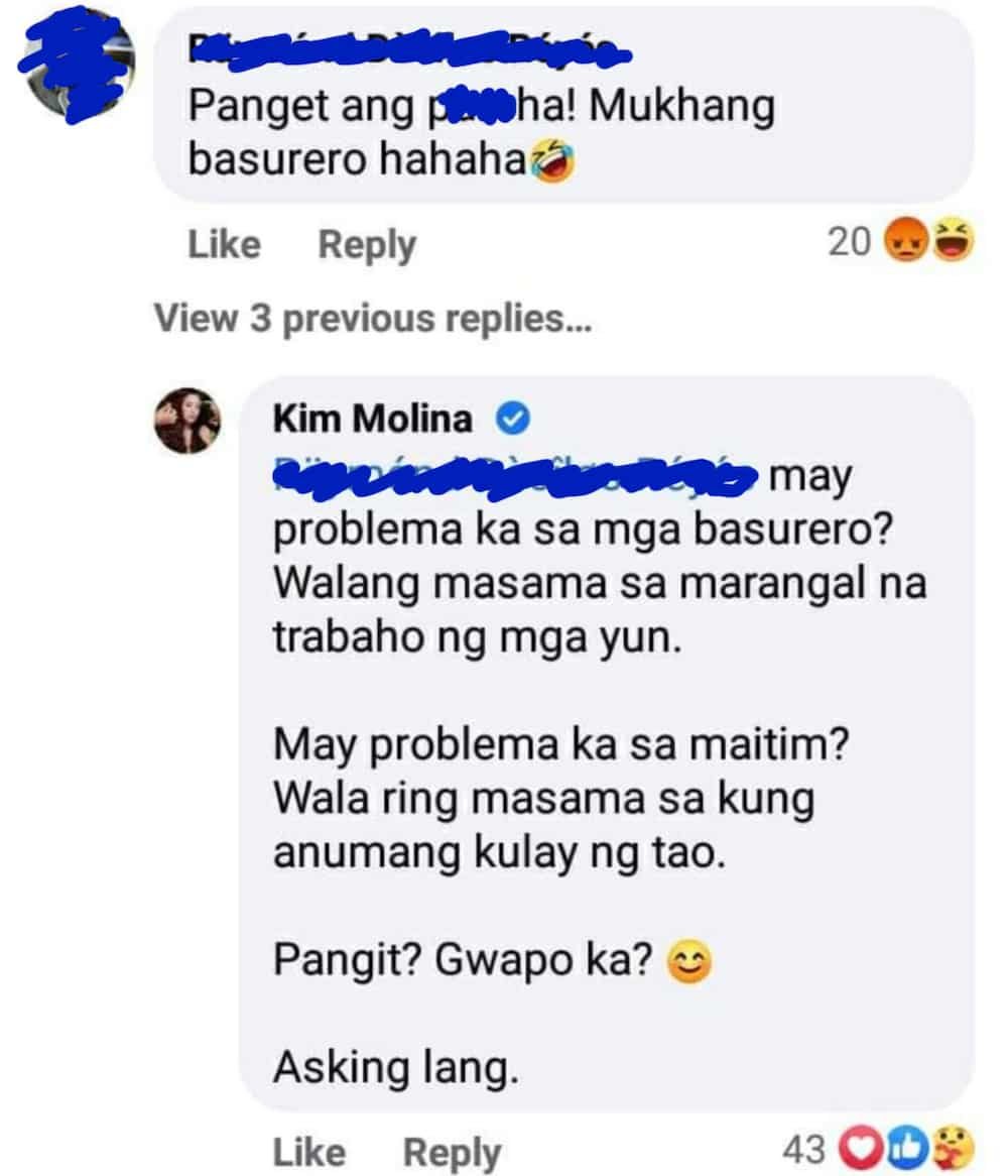 Kim Molina, ‘di pinalampas ang comment ng basher: “May problema ka sa mga basurero?”