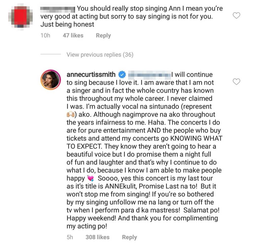 Anne Curtis' response to a basher who told her to stop singing draws various reactions