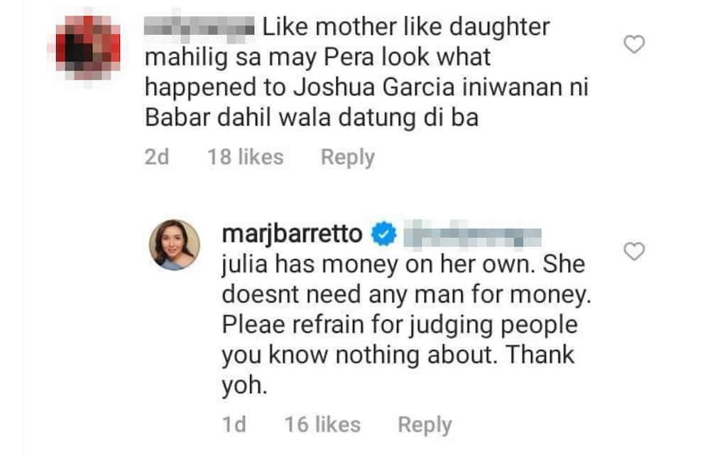 Marjorie Barretto, dinepensahan ang anak na si Julia Barretto mula sa mga bashers