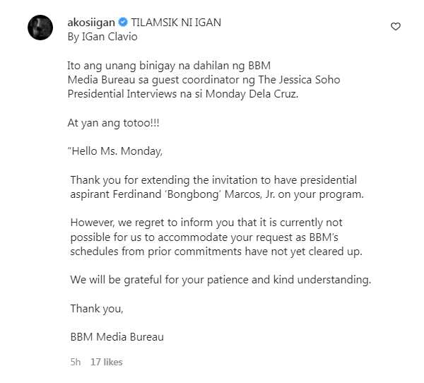 Arnold Clavio, ibinahagi ang diumano’y tugon ng kampo ni BBM sa Jessica Soho Interviews coordinator