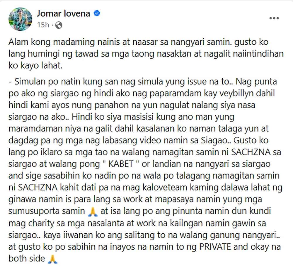 Jomar Lovena, nilinaw na walang namamagitan sa kanila ni Sachzna Laparan Jomar Lovena, nilinaw na walang namamagitan sa kanila ni Sachzna Laparan