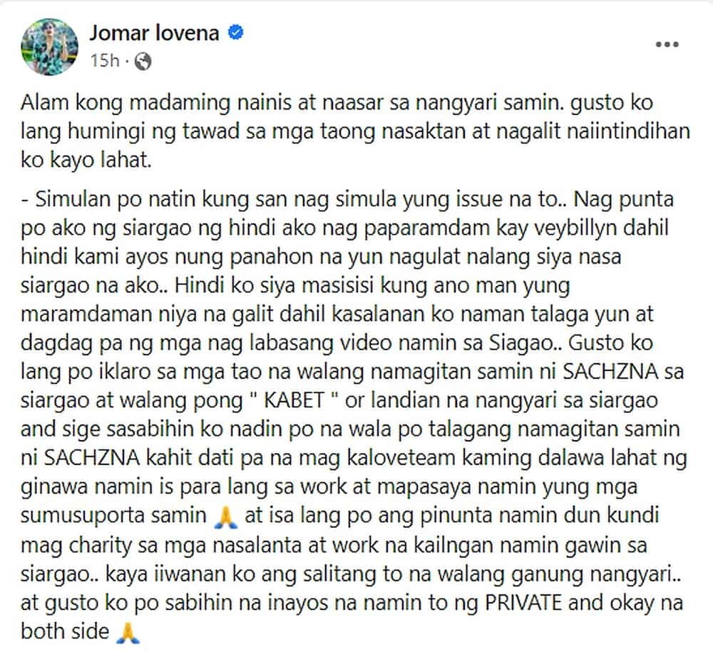 Jomar Lovena, nilinaw na walang namamagitan sa kanila ni Sachzna Laparan