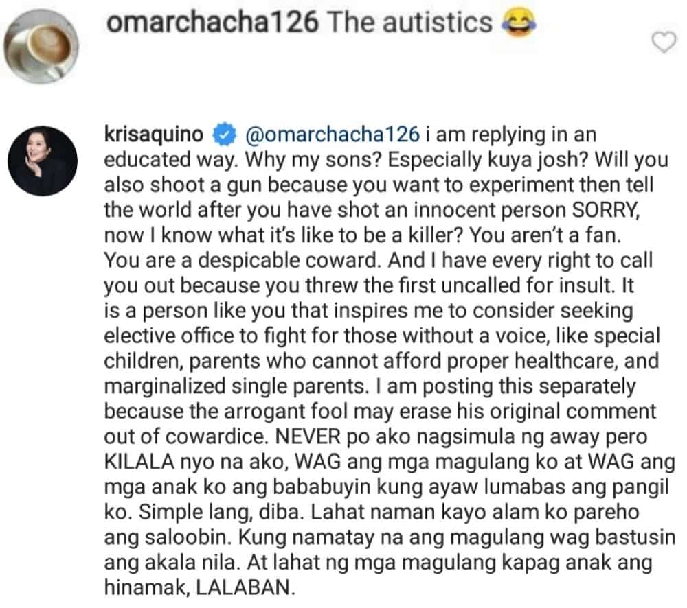 Kris Aquino responds to netizen who insulted Bimby and Josh