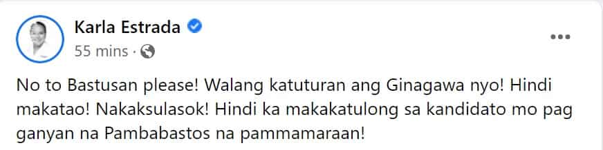 Karla Estrada, umalma sa bastos na post laban kay VP Leni