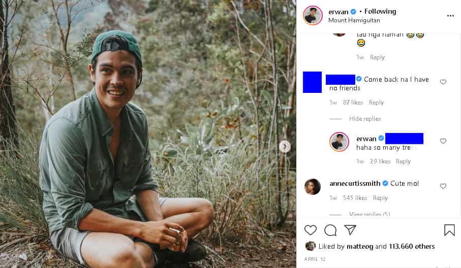 Anne Curtis immediately comments after a girl tells Erwan on IG "come back na"