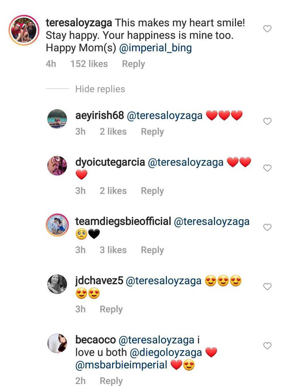 Teresa Loyzaga, masaya sa pagmamahalan nina Barbie Imperial at Diego Loyzaga