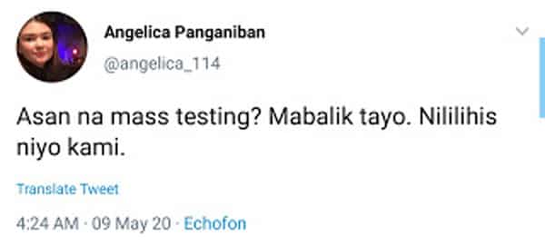 Angelica Panganiban feels being misled, reiterates call for mass testing and to prioritize Filipinos