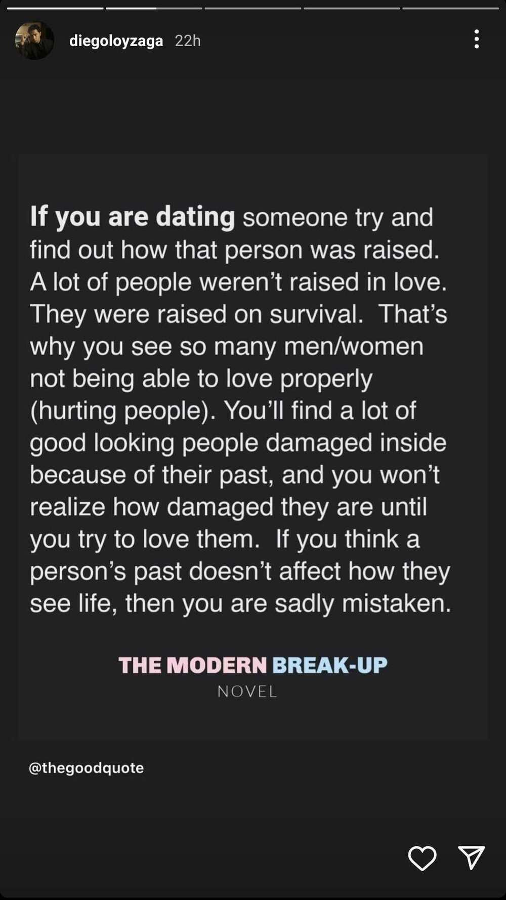 Diego Loyzaga posts quote about "dating" from the 'Modern Break-Up' novel Diego Loyzaga posts quote about "dating" from the 'Modern Break-Up' novel