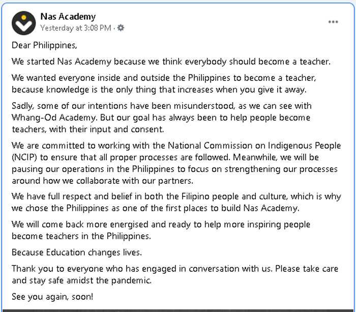Nas Academy, itinigil ang operasyon sa Pilipinas sa gitna ng Apo Whang-Od controversy
