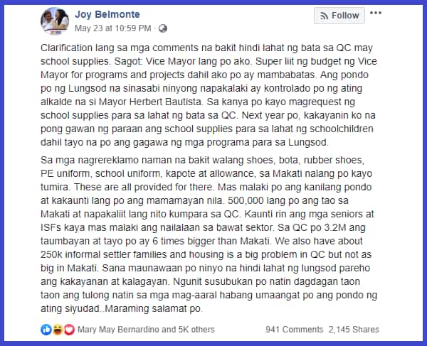 Mayor Joy Belmonte gets irked by some QC residents comparing school supplies given at some other cities