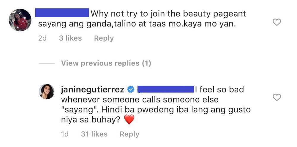 Janine Gutierrez reacts to netizen's 'sayang' remark