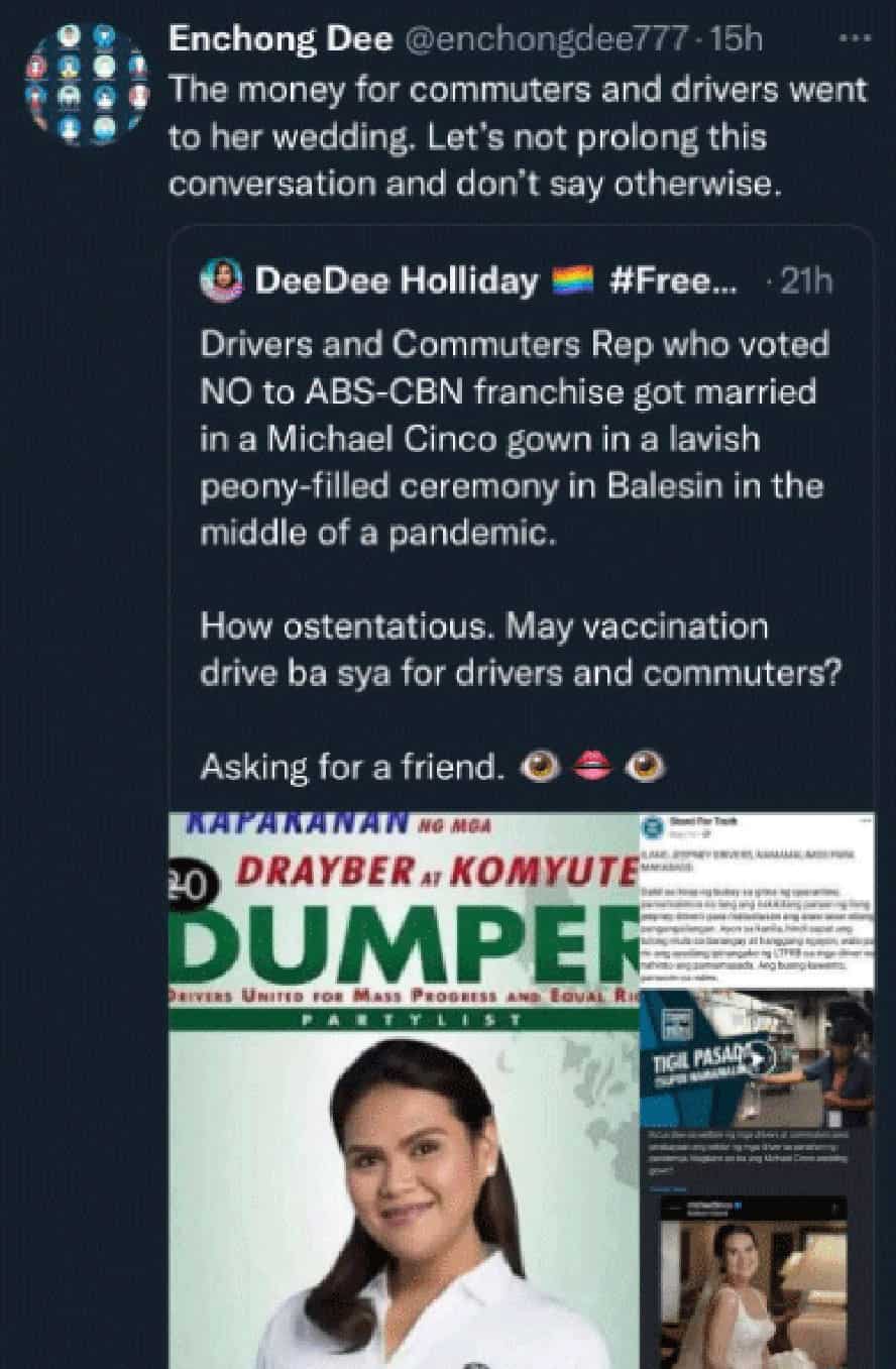 Retweet ni Enchong Dee tungkol sa magarbong kasal ng kinatawan ng Drivers and Commuters, nag-viral