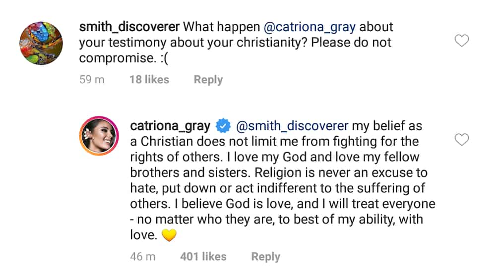 Catriona Gray replies to a netizen implying that she is compromising her Christian Faith with her LGBTQIA support