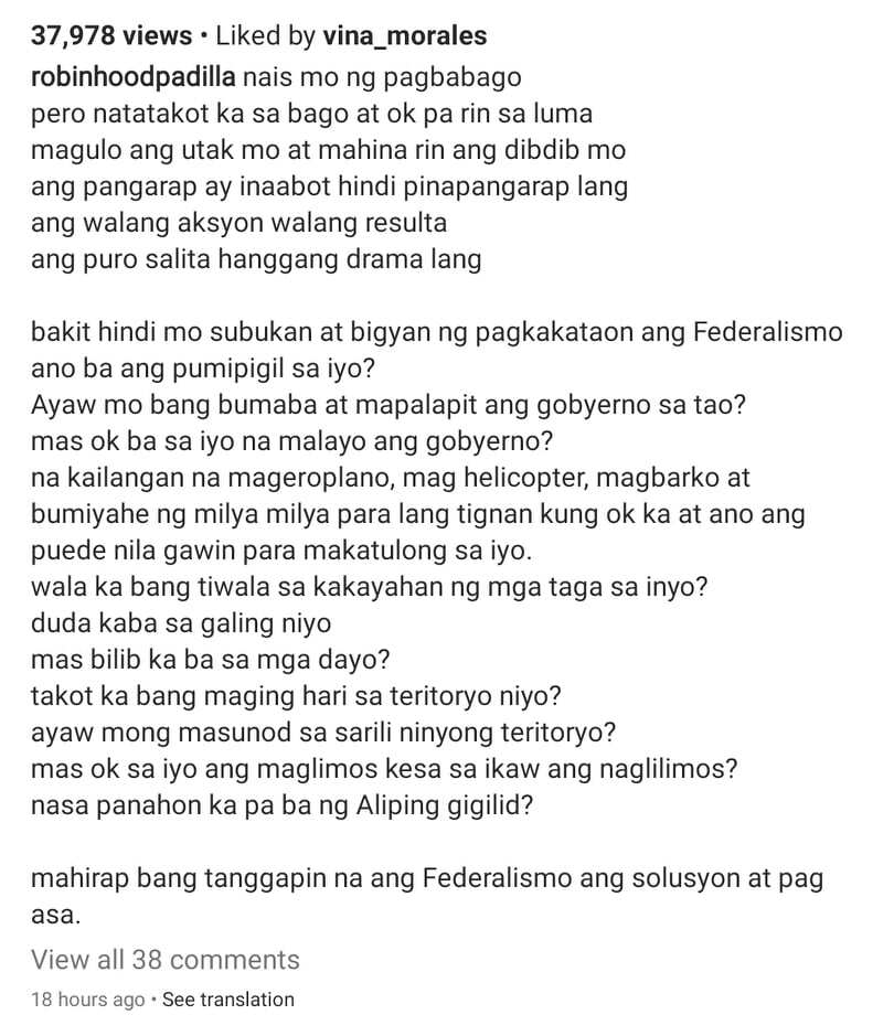 Robin Padilla, sinabing federalismo ang solusyon at pag-asa ng bansa