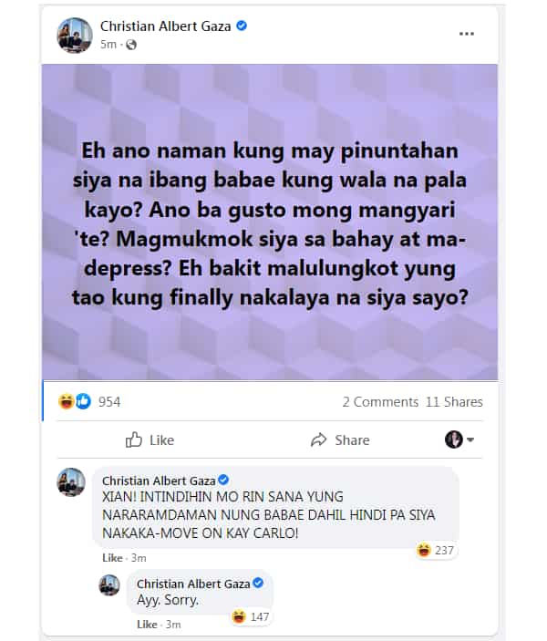 Xian Gaza, matapos mag-post ukol kay Carlo Aquino, sinabing intindihan ang "nararamdaman nung babae"