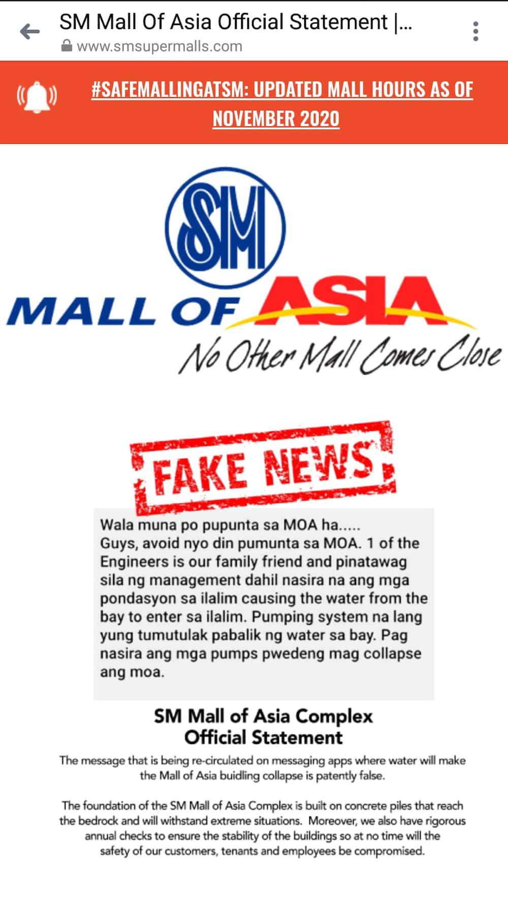 SM MoA, pinabulaanan ang tungkol sa kumakalat na balitang nasira na ang pundasyon nito