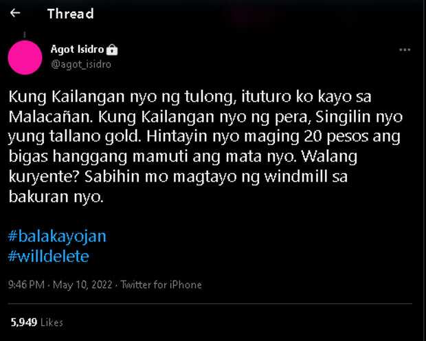 Agot Isidro burns trolls on socmed: "Kung kailangan niyo tulong, singilin niyo yung Tallano gold"