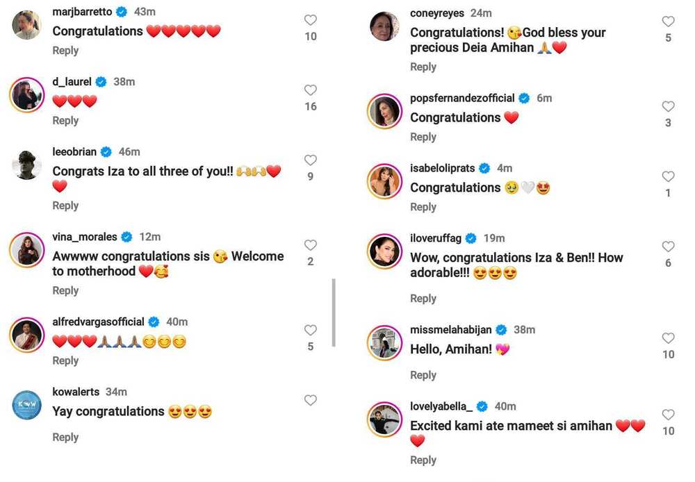 Celebrities congratulate Iza Calzado after she announced birth of daughter Deia Amihan Celebrities congratulate Iza Calzado after she announced birth of daughter Deia Amihan